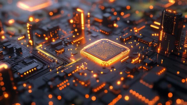 A detailed image of a glowing circuit board with orange highlights, hinting at technology's core