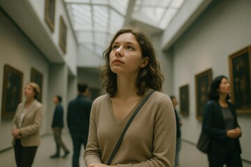 Obraz premium Caucasian young female observing art in museum gallery with diverse adults