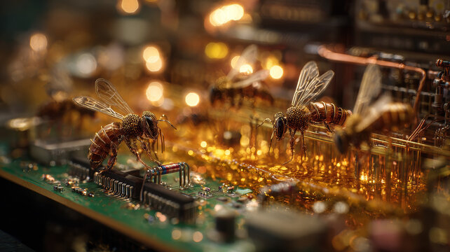 Bees Circuit Board Technology Nature Macro Honey Insect Digital AI Concept Surreal Art