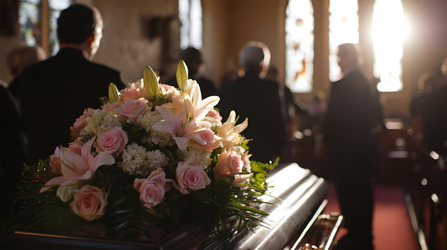 Elegant floral arrangement on a casket during a solemn memorial service inside a bright church, with mourners in soft focus, conveying respect and loss
