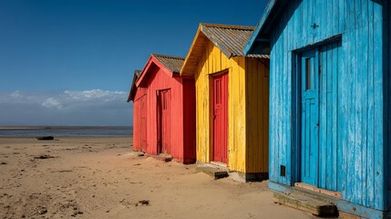 Huts, painted red, blue, and yellow, stood on the sand. Breezes made them sway near the sea, offering lovely views under a bright sky.