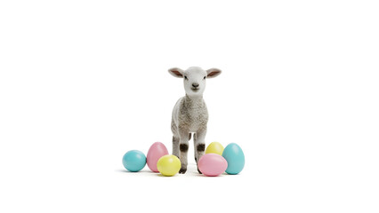 Fototapeta premium A cute lamb stands next to a collection of Easter eggs, conveying joy. 