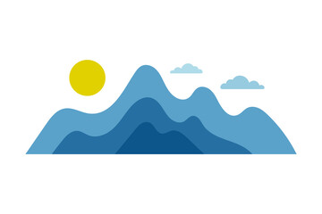 Mountains, sun, and clouds icon. Colored silhouette. Front view. Vector simple flat graphic illustration. Isolated object on a white background.