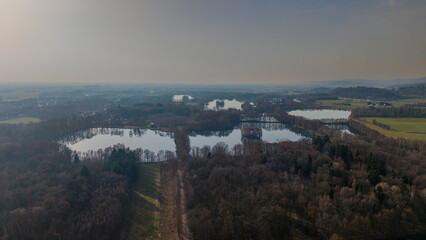 Obraz premium Blick auf Wasserflächen im Waldgebiet bei Sonnenuntergang in Deutschland