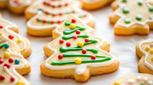Festively Decorated Christmas Tree Sugar Cookies with Colorful Icing and Sprinkles