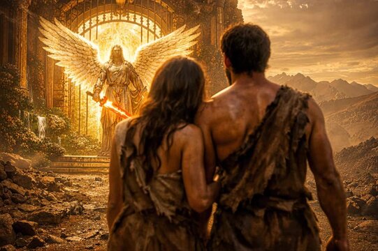 Adam and Eve Leaving the Garden of Eden While an Angel Guards the Gate with a Flaming Sword
