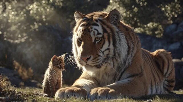 Tiger in the zoo and tiger in the wild showing a striped big cat predator with strong eyes and fur in nature