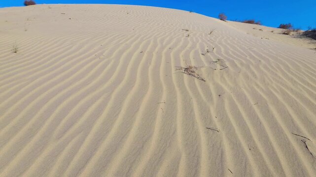Sand dunes forming patterns under the sun in a sandy beach landscape, creating a textured background 4k Footage