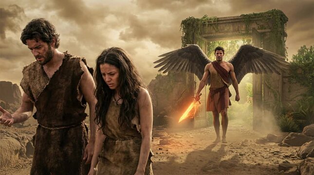 Adam and Eve Leaving the Garden of Eden While an Angel Guards the Gate with a Flaming Sword