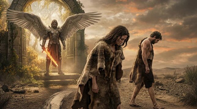 Adam and Eve Leaving the Garden of Eden While an Angel Guards the Gate with a Flaming Sword