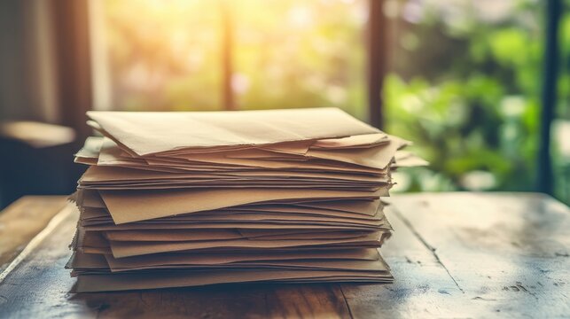 Neatly Stacked Brown Envelopes for Direct Mail Campaigns Sit on a Rustic Wooden Table Bathed in Sunlight