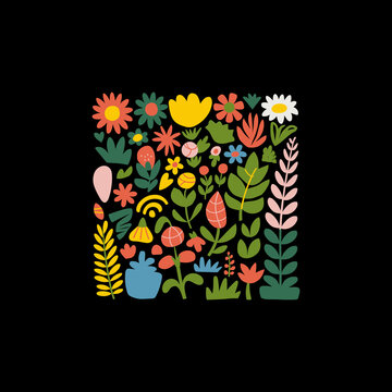 vector illustration of a floral background.  Colorful Retro Floral and Botanical Illustration Set on Black Background.