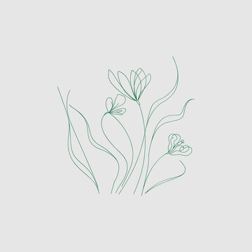 abstract floral background with flowers Hand-Drawn Green Floral Line Art with Two Flowers and Leaves.