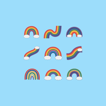 rainbow and clouds vector Set of Colorful Cartoon Rainbows with White Clouds on Light Blue Background. Rainbow Cute Cartoon Drawing.