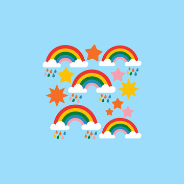 rainbow in the sky and cloud. Flat Vector Illustration of Various Rainbow Icons for Kids Design.