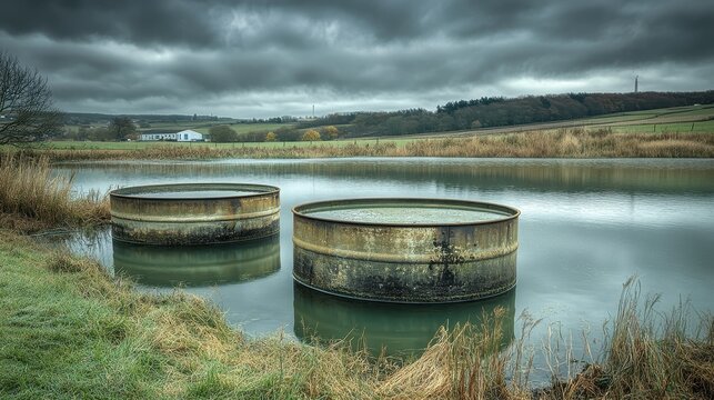 Industrial waste barrels submerged in a polluted lake, reflecting a cloudy sky in a rural setting