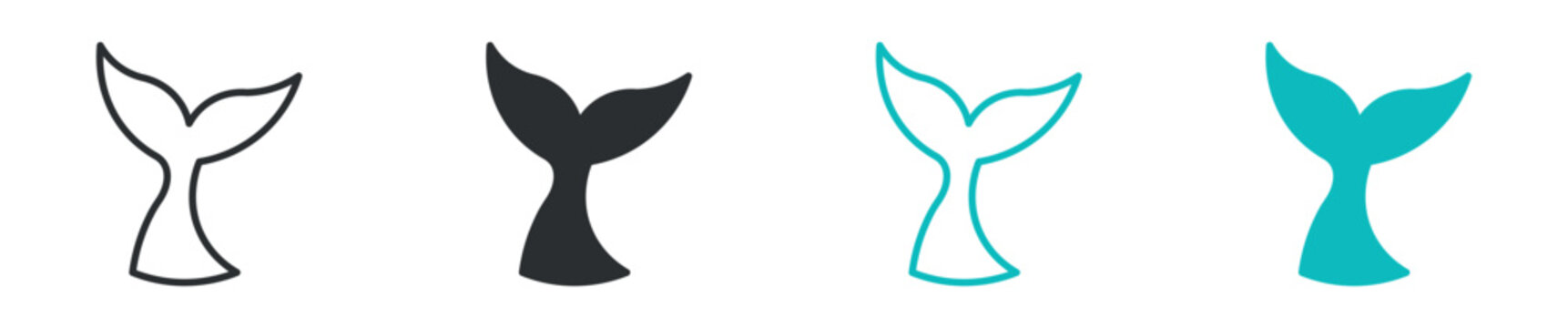 Whale tail icon set, whale fluke sea ocean marine animal symbol, outline and solid and color style. Vector illustration.
