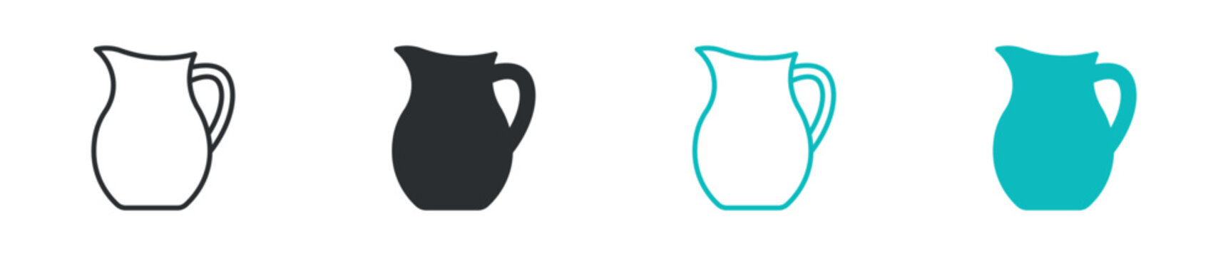 Water pitcher icon set, jug container for water drink kitchen symbol, outline and solid and color style. Vector illustration.