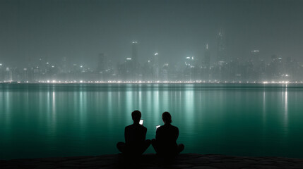 Two People Using Smartphones by Waterfront with Night City Skyline