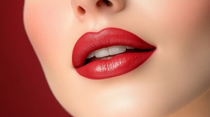 Fototapeta premium Closeup of a Woman s Face with Sensual Full Lips in Rich Red Lipstick for a Classic Seductive Look