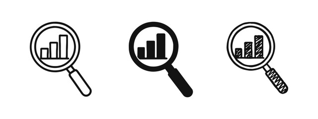 Data analysis icon set with a magnifying glass over a bar chart, symbolizing market research and financial investigation.