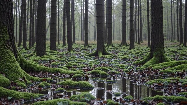 Mossy Forest Floor With Reflective Puddles And Foggy Pine Trunks, Damp Undergrowth Carpeted In Green Lichen, Still Water Mirroring Trunks, Hushed Dawn