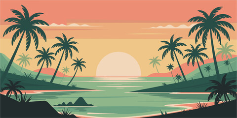 Fototapeta premium Panoramic vector illustration of a tropical coastline at sunrise, featuring layered palm trees, calm ocean, and bright sky gradients in a flat, mid-century modern style.