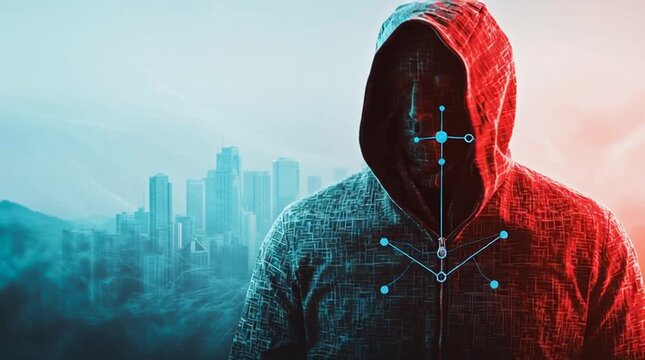 Hacker are planning to hack and attack networks and cyber security systems and stands on the peak of success amid tall, innovative Smart city and graphs with statistics to analyze business potential