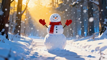 Obraz premium Whimsical Winter Snowman Collection: Cheerful Snowmen (In Red Hats, Plaid Scarves & Top Hats) in Varied Snowy Settings (Snowy Forest, Sunlit Path, Pine Tree Backdrop, Open Winter Field) for Christmas,