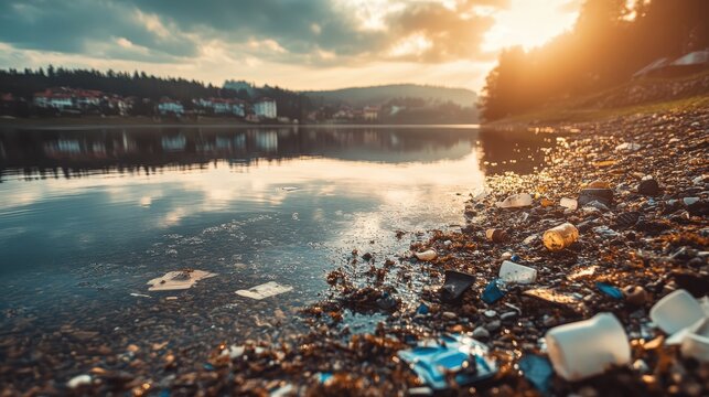 Polluted Lake Shore with Plastic Debris Under Overcast Sunset Light, Environmental Contamination Scene