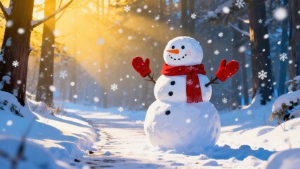 Fototapeta premium Whimsical Winter Snowman Collection: Cheerful Snowmen (In Red Hats, Plaid Scarves & Top Hats) in Varied Snowy Settings (Snowy Forest, Sunlit Path, Pine Tree Backdrop, Open Winter Field) for Christmas,