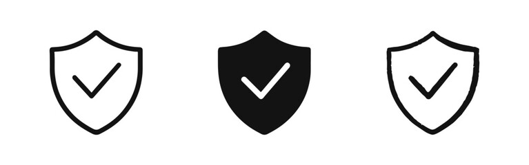 Security shield with checkmark icon set. Protection, verified safety, and guaranteed trust symbols in outline, solid, and hand-drawn styles. © ICONS FOR YOU