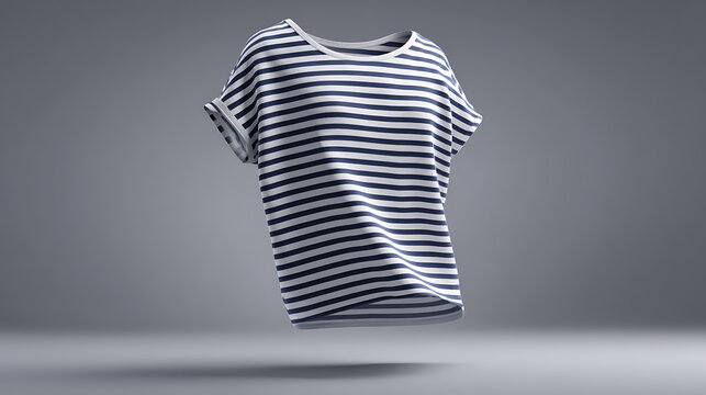 Minimalist T-Shirt with Horizontal Stripes, Elegant White and Navy Blue Pattern, Floating Garment on Smooth Gray Background, Clean Design, Fashion Apparel Concept