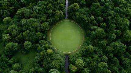 Fototapeta premium Aerial view of a striking circular lawn carved into a dense vibrant green forest landscape