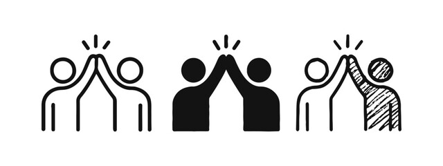 Obraz premium High Five Icon Set: Teamwork Collaboration and Celebration Symbols in Outline, Solid, and Hand-drawn Styles