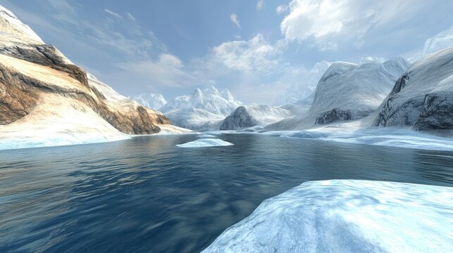 Vast Arctic glacier landscape with melting ice and frigid blue water under an overcast sky