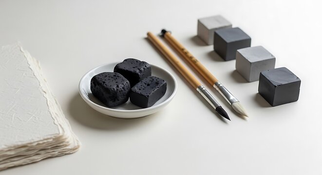 Arrangement of ink sticks, brushes, paper, and ink stones on white background