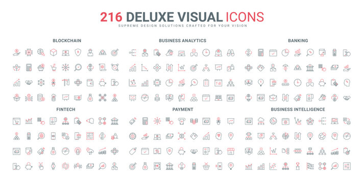 Fintech and mobile banking, biometric access to bank app, business intelligence of leader and growth strategy line icon set. Digital payment thin black and red outline symbols vector illustration