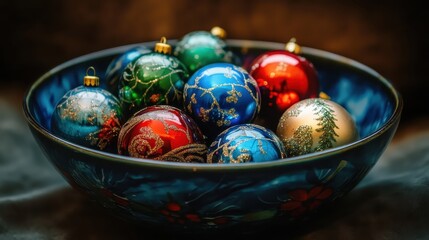 Fototapeta premium Vibrant Christmas ornaments gathered in a decorative bowl, showcasing festive holiday cheer and detailed artistry