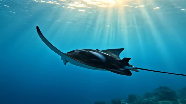 A graceful manta ray glides through the clear blue ocean with sunlight filtering down