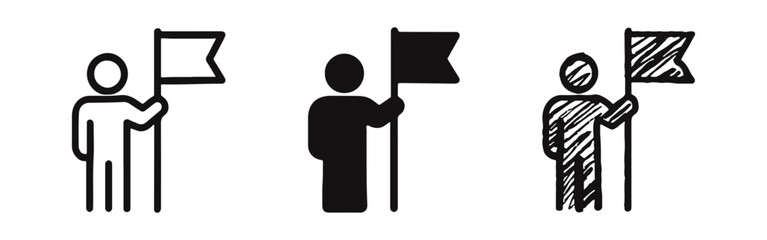 Leadership and goal-setting icon set with a person holding a flag in outline, solid, and hand-drawn doodle styles. © ICONS FOR YOU