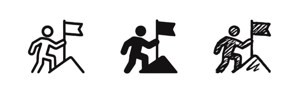 Success and achievement icon set showing a person planting a flag on a mountain top in outline, solid, and doodle styles.