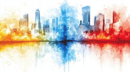 Fototapeta premium Vibrant Watercolor Cityscape with Reflective Water and Abstract Splatter Effects
