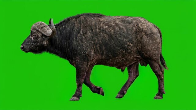 buffalo bull walking isolated on green background