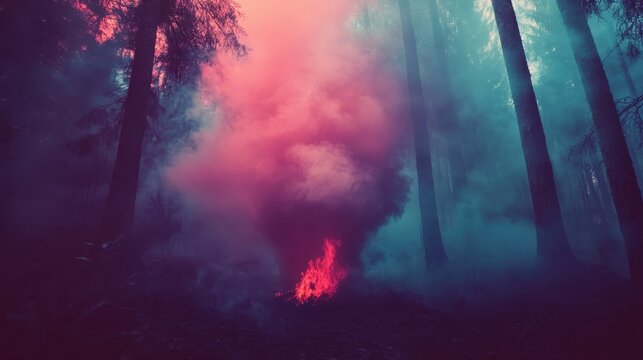 Vibrant pink and red smoke billows from a destructive forest fire within a dark, atmospheric woodland, creating an ominous scene.