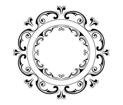 Vintage Baroque Victorian round, circle frame border, featuring monogram space, engraved floral scroll ornaments, elegant leaf details, flower patterns, and decorative design perfects