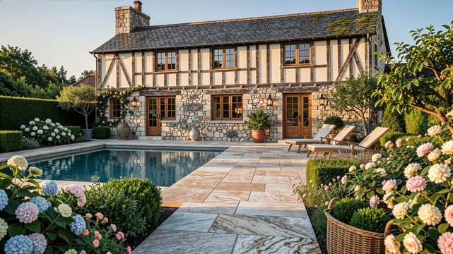 Am&eacute;nagement ext&eacute;rieur all&eacute;e en travertin pierre naturelle autour de la piscine d'une belle maison de campagne, demeure de charme