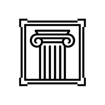 Clean vector line art icon: classical Ionic column with volutes and fluted shaft, framed. Symbolizes ancient Greek and Roman architecture, embodying strength, wisdom, justice, heritage. Ideal for educ