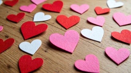Obraz premium Red, pink, and white hearts scatter across a warm wooden surface