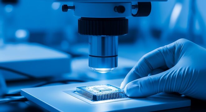 Close-up of a gloved hand positioning an electronic component under a microscope